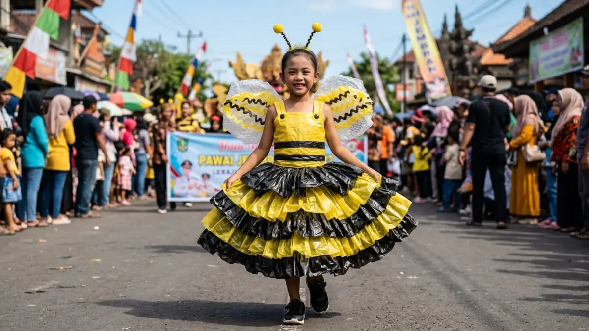 Plastik kresek dan bubble wrap bekas bisa disulap menjadi baju karnaval bertema lebah yang unik, kreatif, dan menarik.