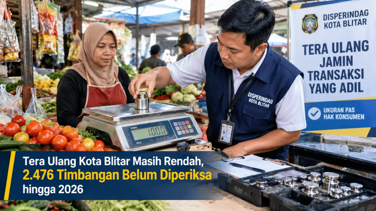 TERA ULANG: Petugas Disperindag Kota Blitar memeriksa timbangan pedagang untuk memastikan alat ukur sesuai standar dan transaksi tetap adil.