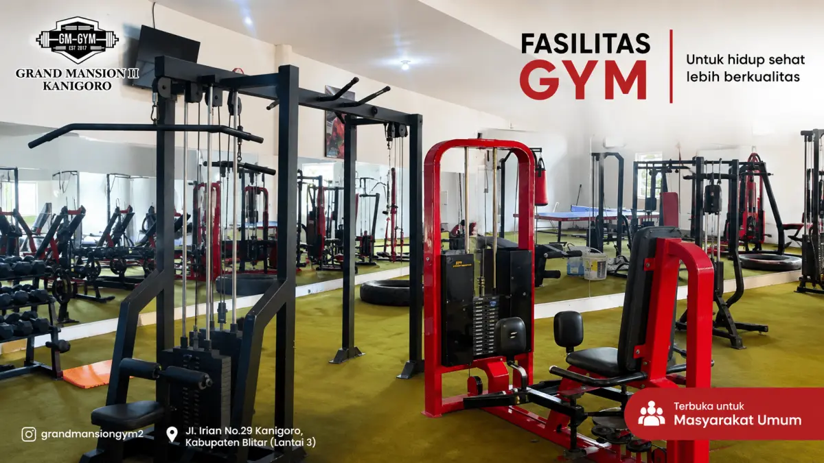 Fasilitas gym di Grand Mansion Hotel 2 Kanigoro yang dapat diakses masyarakat umum untuk menunjang gaya hidup sehat.