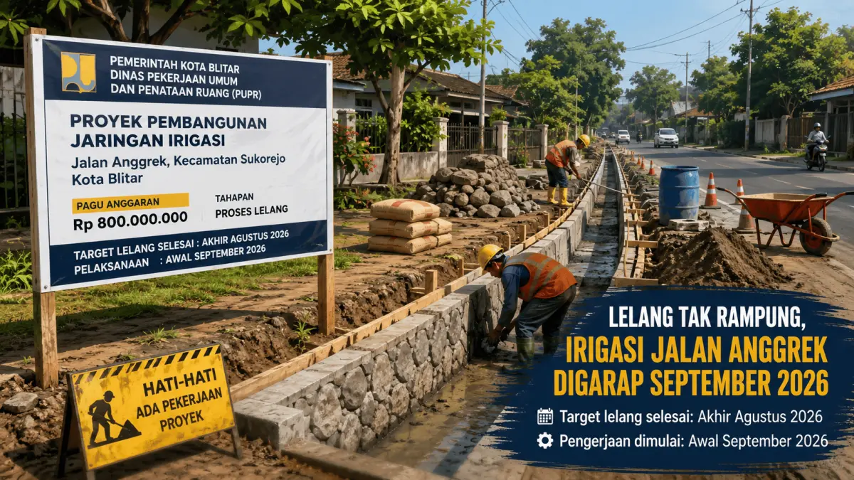 Ilustrasi pembangunan jaringan irigasi di Jalan Anggrek, Kecamatan Sukorejo, Kota Blitar, yang masih menunggu proses lelang dan ditargetkan mulai dikerjakan pada awal September 2026.