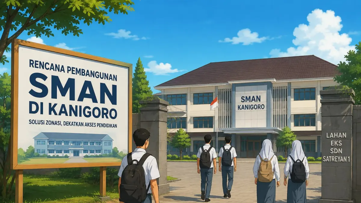 Ilustrasi rencana pendirian SMAN di Kanigoro yang diproyeksikan memangkas persoalan zonasi siswa. (Ilustrasi AI)