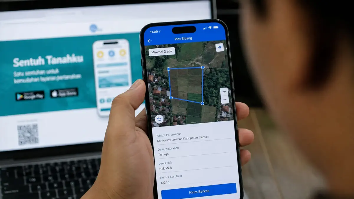 Fitur Plot Bidang pada aplikasi Sentuh Tanahku memungkinkan pengguna memplot bidang tanah yang belum terpetakan melalui peta digital. Setelah bidang digambar dan berkas diunggah, pengajuan masih harus melalui tahap verifikasi untuk mengecek kesesuaian letak bidang tanah.