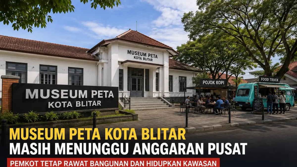 Ilustrasi kawasan Museum Peta Kota Blitar yang masih menunggu dukungan anggaran dari pemerintah pusat untuk pengembangan. Sembari menanti kepastian anggaran, Pemkot Blitar tetap melakukan perawatan bangunan dan menghidupkan kawasan melalui aktivitas Pojok Kopi serta food truck.
