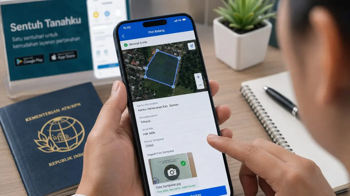 Pengguna memanfaatkan fitur Cloud Bidang pada aplikasi Sentuh Tanahku untuk memplot bidang tanah melalui peta digital. Setelah data bidang, posisi pada peta, dan foto sertifikat dilengkapi, berkas dapat dikirim untuk selanjutnya masuk tahap verifikasi.