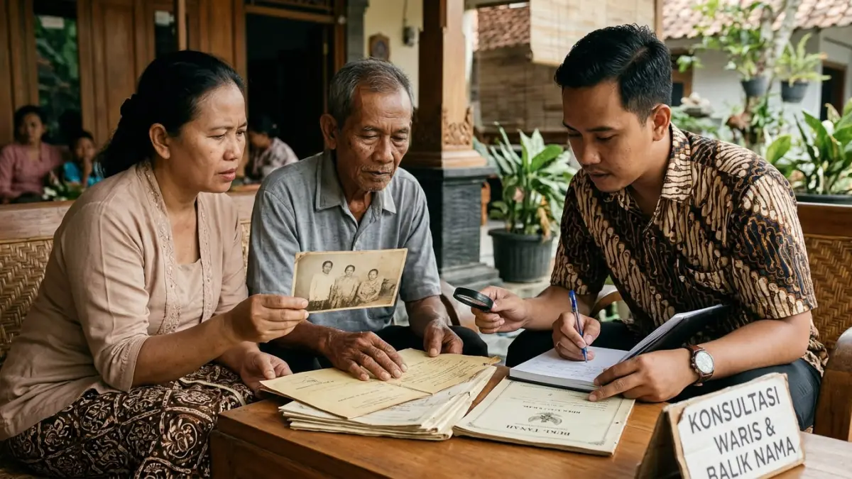 Ahli waris berkonsultasi mengenai tumpukan sertifikat tanah tua milik leluhur untuk segera diproses balik nama demi kepastian hukum.