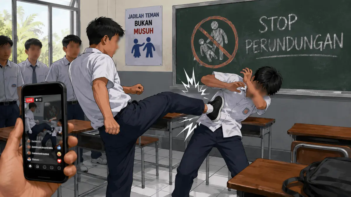Ilustrasi aksi perundungan di lingkungan sekolah yang dipicu persoalan di media sosial. Kasus tersebut melibatkan siswa adik kelas dan kakak kelas di Wlingi.