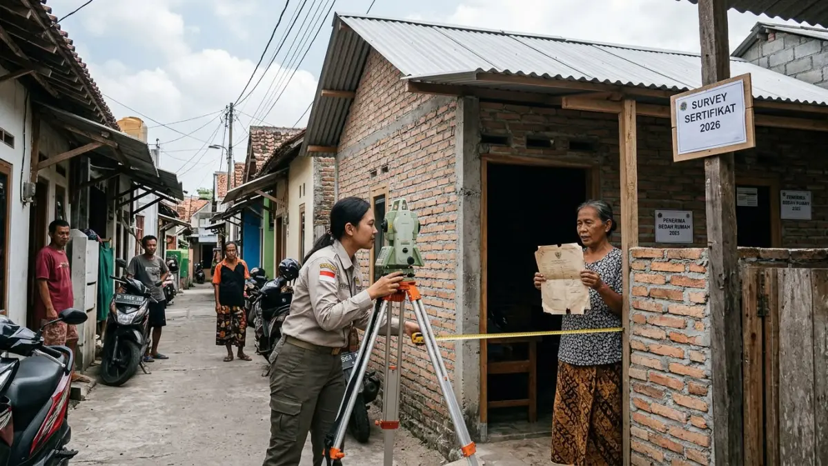 Ilustrasi Ibu warga menunjukkan dokumen lamanya kepada petugas surveyor.
