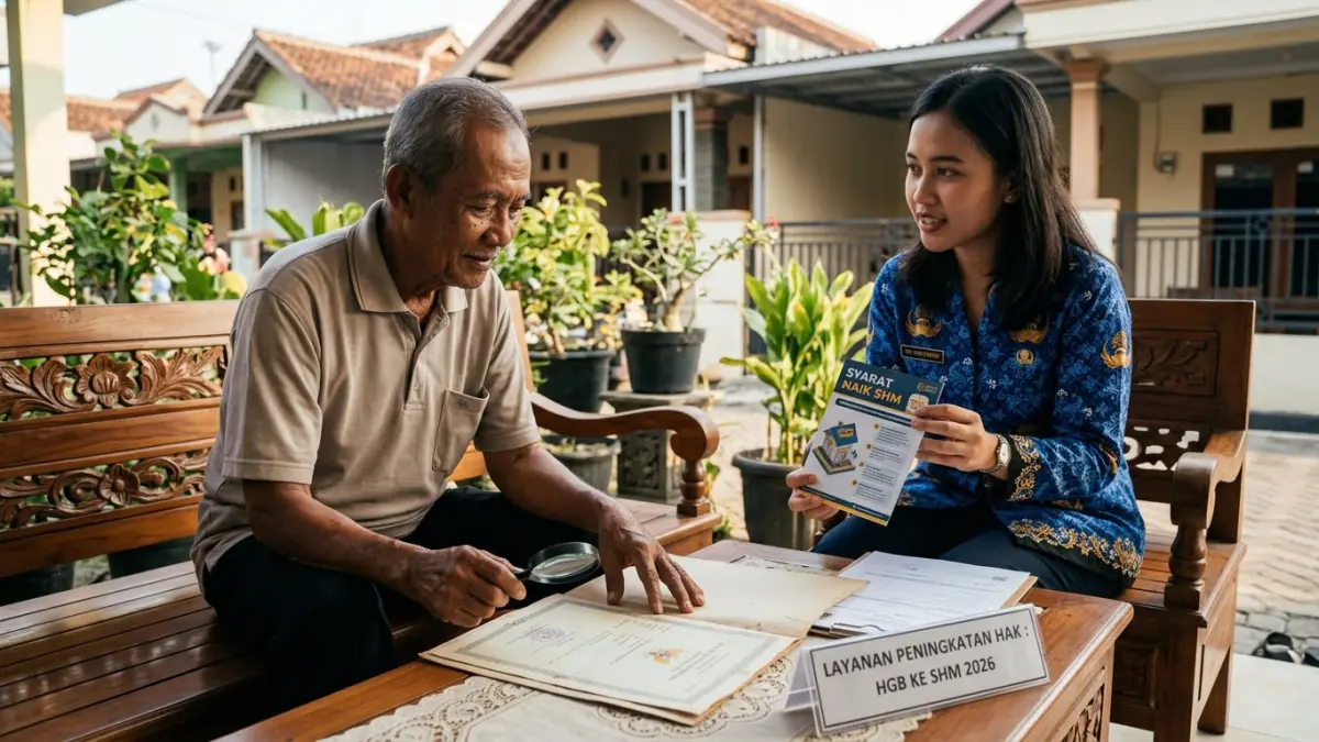 Ilustrasi Pak Budi menggunakan kaca pembesar untuk membaca detail sertifikat lamanya.