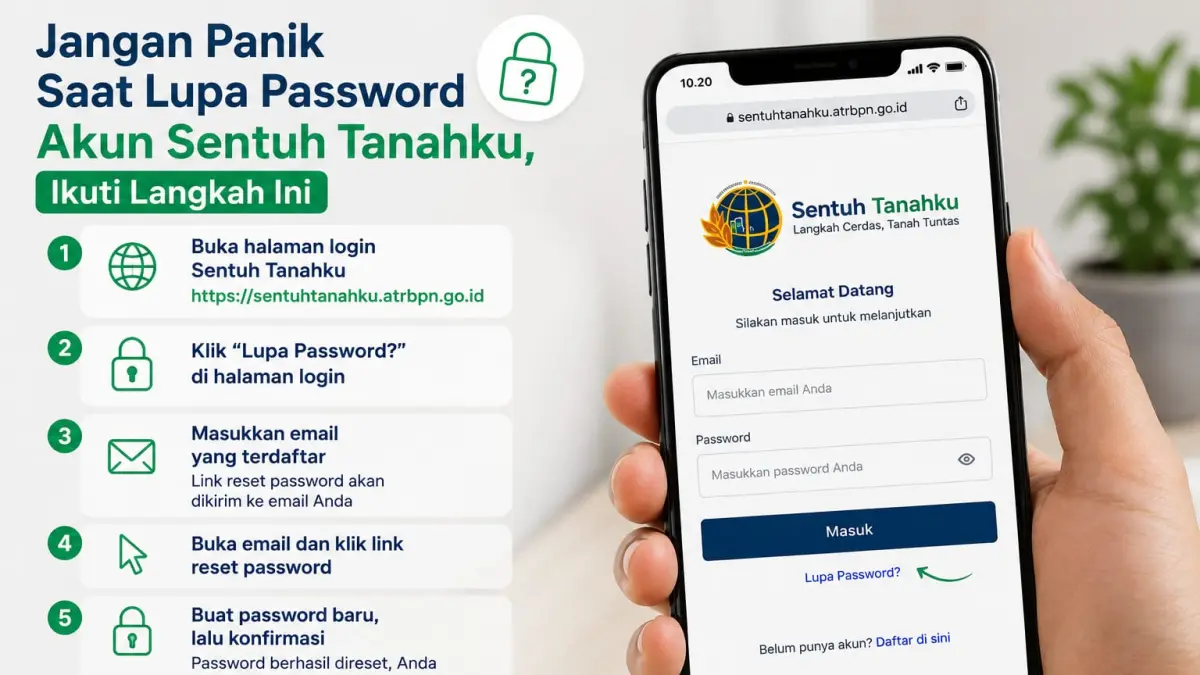 Ilustrasi pengguna memulihkan akun Sentuh Tanahku setelah lupa password melalui email terdaftar.