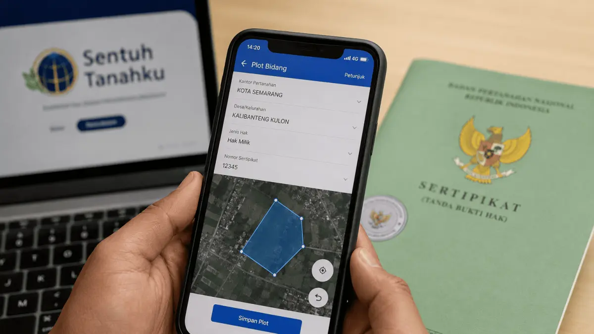 Ilustrasi penggunaan fitur Cloud Bidang pada aplikasi Sentuh Tanahku untuk memplot bidang tanah yang belum terpetakan.