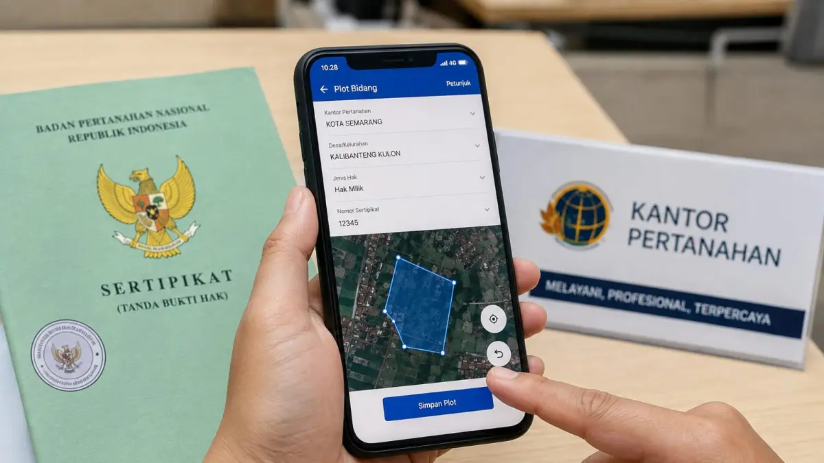 Ilustrasi penggunaan fitur Plot Bidang pada aplikasi Sentuh Tanahku untuk memetakan bidang tanah yang belum terpetakan melalui peta digital.