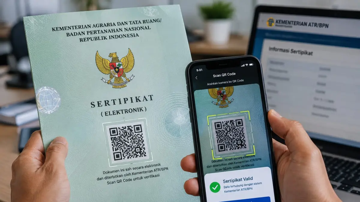 Ilustrasi sertifikat tanah elektronik yang dilengkapi QR Code dan terhubung dengan sistem Kementerian ATR/BPN sebagai bagian dari upaya meningkatkan keamanan dokumen kepemilikan tanah.