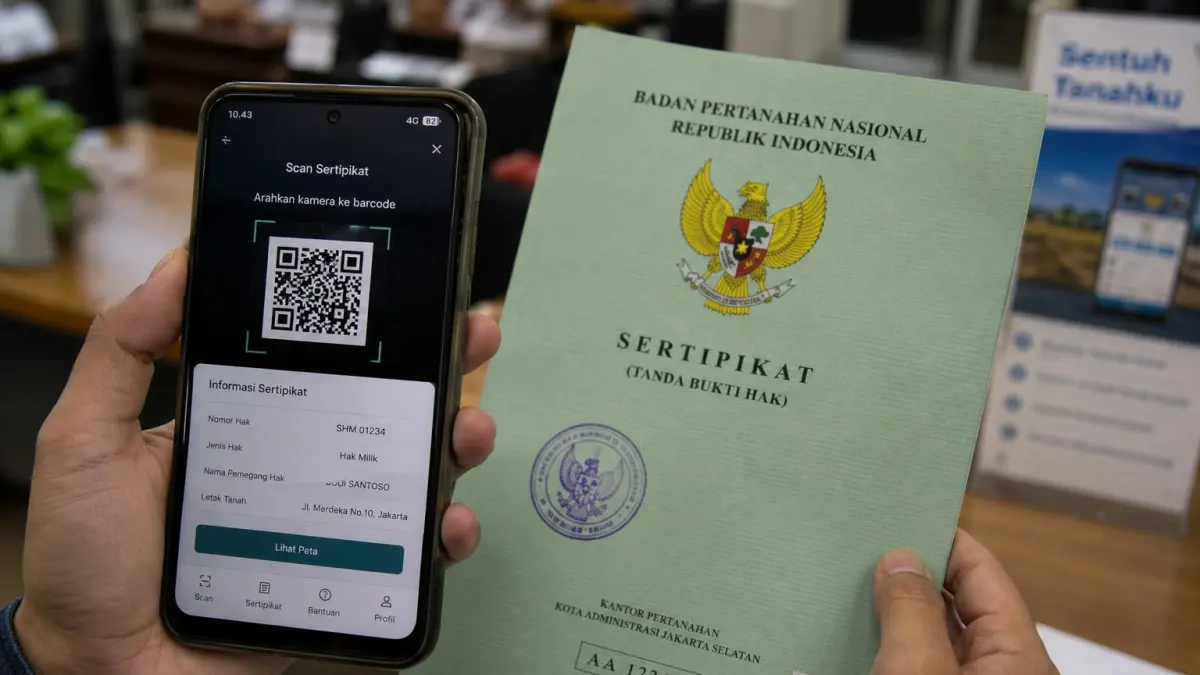 Mengecek informasi sertifikat tanah melalui fitur scan barcode di aplikasi Sentuh Tanahku. (Ilustrasi AI)