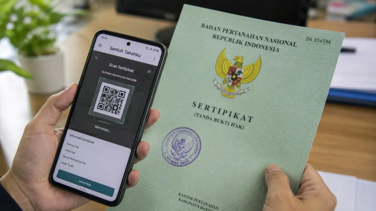 Mengecek sertifikat tanah dengan memindai barcode melalui aplikasi Sentuh Tanahku untuk melihat informasi dan lokasi tanah. (Ilustrasi AI)