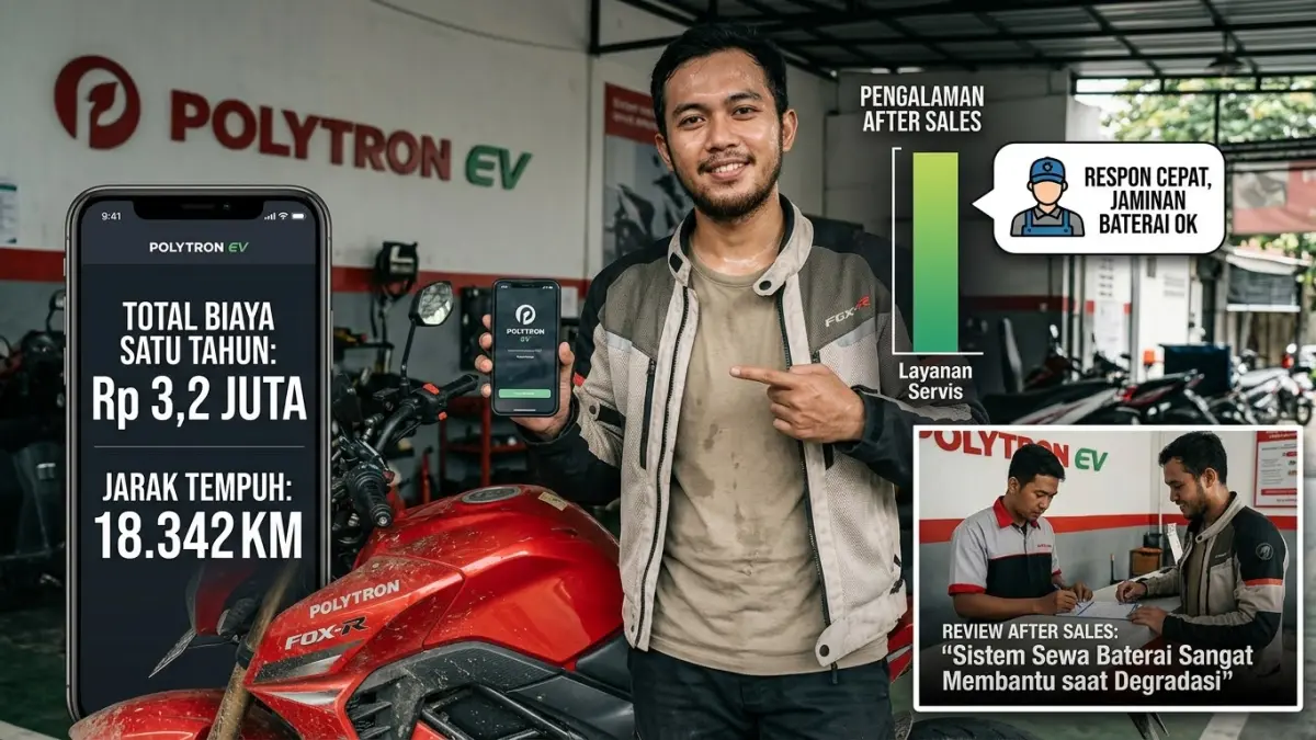 Motor listrik Polytron Fox R telah menempuh 18.342 km selama setahun. Simak biaya pemakaian, performa, hingga pengalaman after sales penggunanya.