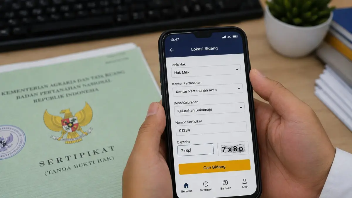 Pengguna memasukkan data sertifikat pada fitur Lokasi Bidang di aplikasi Sentuh Tanahku untuk mencari lokasi bidang tanah. (Ilustrasi AI)
