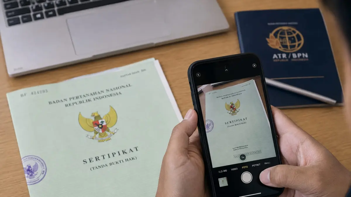 Pengguna memotret sertifikat tanah melalui ponsel sebagai bagian dari proses pengajuan Plot Bidang pada aplikasi Sentuh Tanahku. Foto sertifikat perlu dipastikan jelas, tidak buram, dan berwarna sebelum diunggah sebagai kelengkapan berkas.