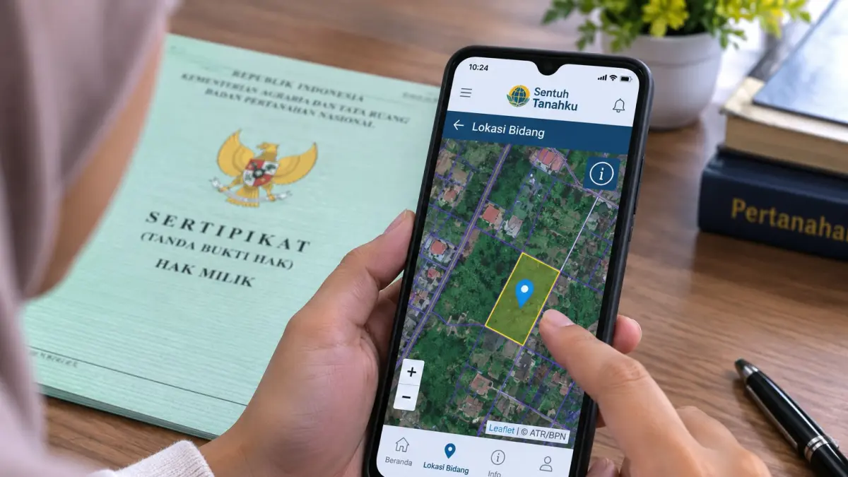 Pengguna mengecek lokasi bidang tanah melalui fitur Lokasi Bidang pada aplikasi Sentuh Tanahku. (Ilustrasi AI)