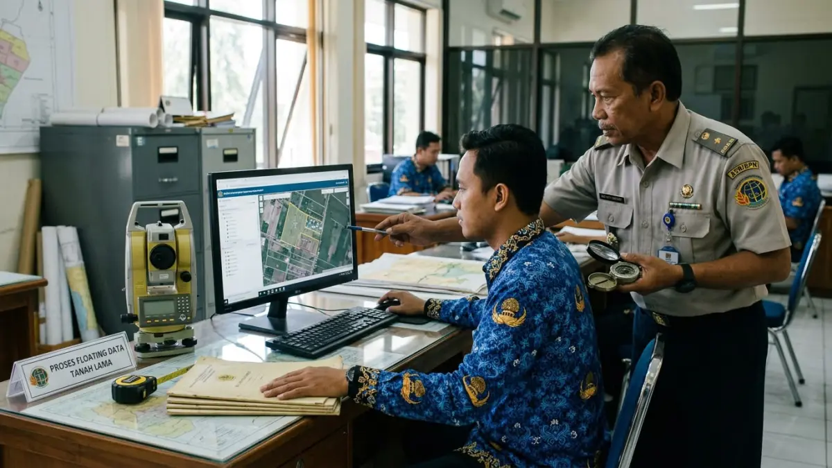 Petugas ATR/BPN memetakan data Buku Tanah fisik ke dalam sistem Peta Digital untuk memverifikasi posisi koordinat geografis sertifikat lama.
