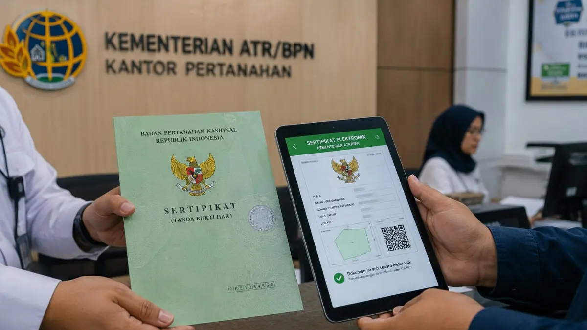 Petugas menunjukkan perbandingan sertifikat tanah kertas dan sertifikat tanah elektronik dalam proses digitalisasi dokumen pertanahan di Kantor Pertanahan.