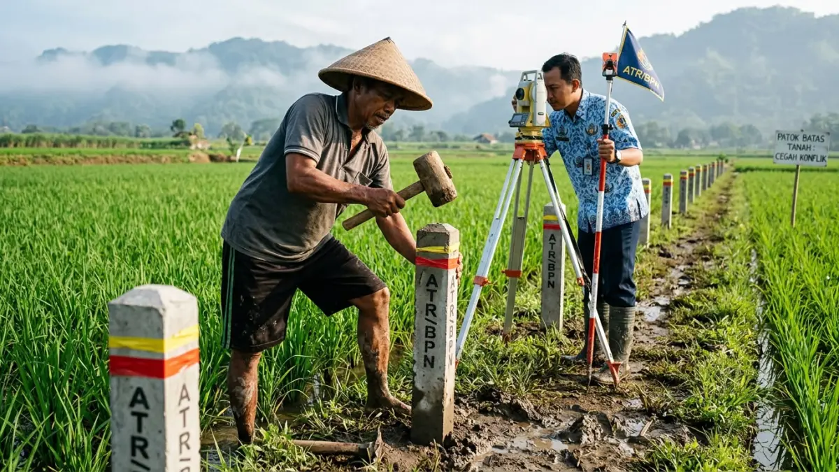 Petugas ukur ATR/BPN mendampingi pemilik tanah dalam pemancangan patok batas beton untuk mencegah konflik lahan di kemudian hari.