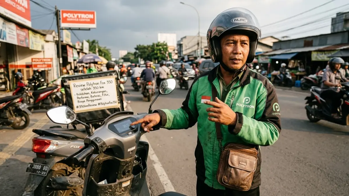 Review Polytron Fox 350 setelah 350 km, membahas kelebihan, kekurangan, performa, baterai, fitur, jarak tempuh, dan biaya penggunaannya.