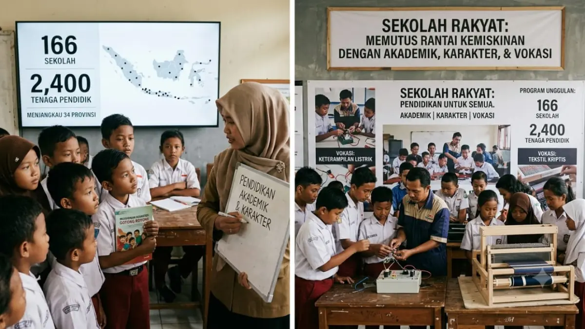 Sekolah Rakyat telah mencapai 166 sekolah dengan 2.400 tenaga pendidik. Program ini menargetkan pendidikan akademik, karakter, dan vokasi.