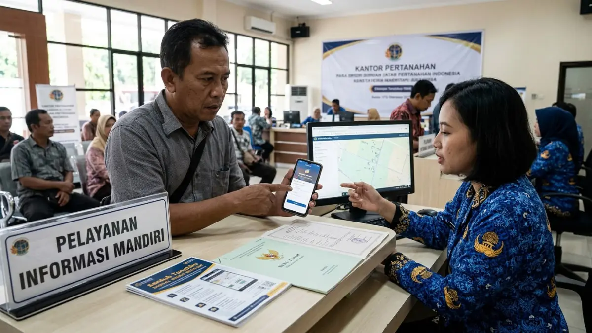 Seorang warga berkonsultasi di loket Kantor Pertanahan karena sertifikat miliknya belum muncul di aplikasi akibat belum melalui proses floating.