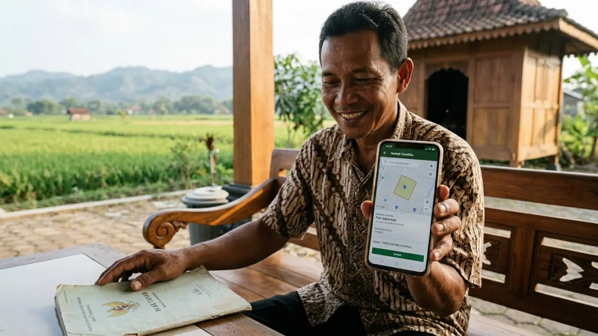 Seorang warga menunjukkan tampilan peta digital yang sudah terverifikasi secara real time pada aplikasi Sentuh Tanahku di ponselnya.
