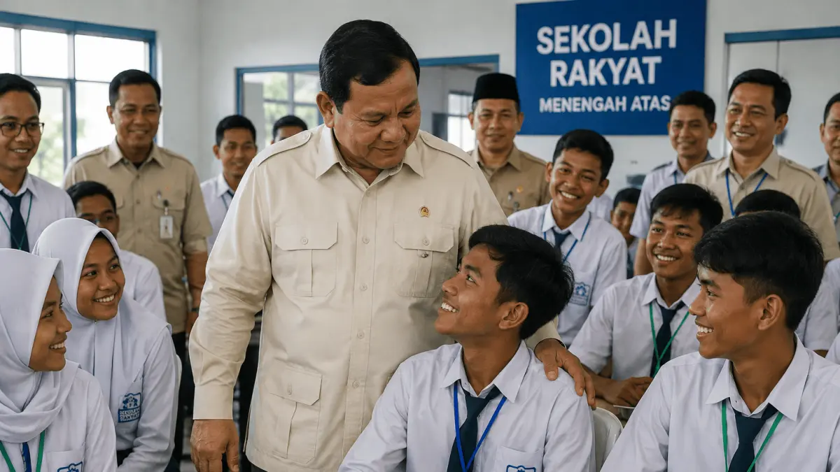 Siswa Sekolah Rakyat mengikuti pembelajaran sambil berinteraksi dengan Presiden Prabowo Subianto dalam kunjungan ke sekolah.
