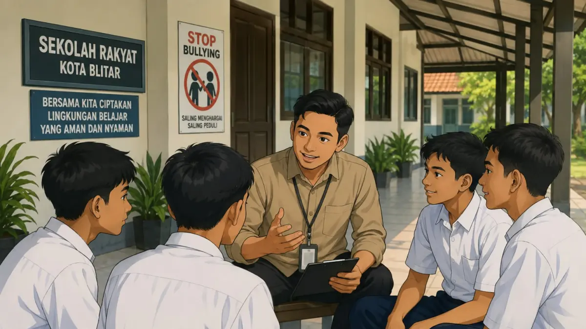 Wali asuh mendampingi sejumlah siswa untuk memantau perkembangan dan interaksi mereka di lingkungan Sekolah Rakyat Kota Blitar. (Ilustrasi AI)