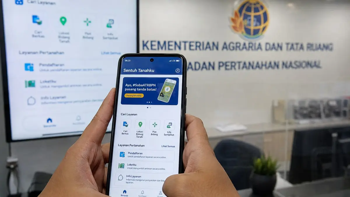 Warga mengecek informasi berkas dan lokasi bidang tanah melalui aplikasi Sentuh Tanahku di ponsel. (Ilustrasi AI)