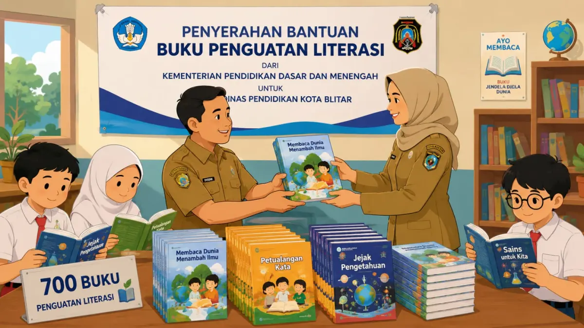 Ilustrasi penyaluran 700 buku penguatan literasi kepada dua SD dan satu PKBM di Kota Blitar. Bantuan diharapkan dimanfaatkan untuk meningkatkan minat baca dan kemampuan akademik siswa.