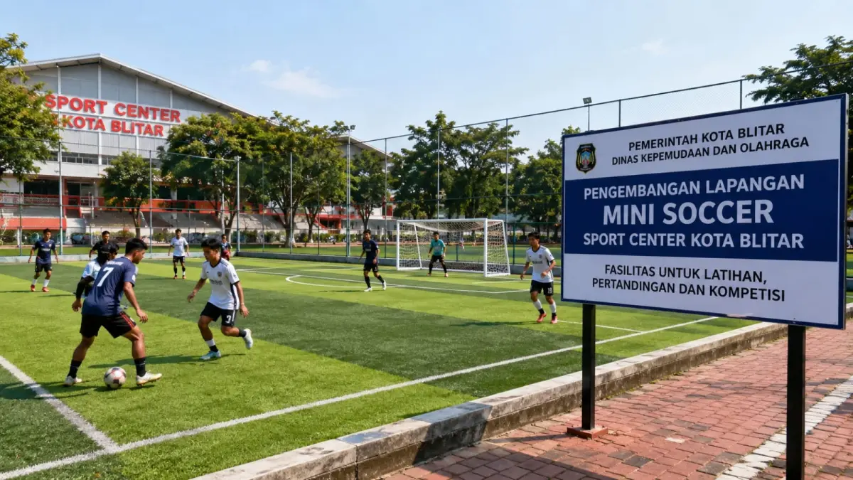 Pemain berlatih di lapangan mini soccer kawasan Sport Center Kota Blitar. Pemkot Blitar melalui Dispora melakukan pengembangan fasilitas agar lebih representatif untuk latihan, pertandingan, hingga kompetisi. 
