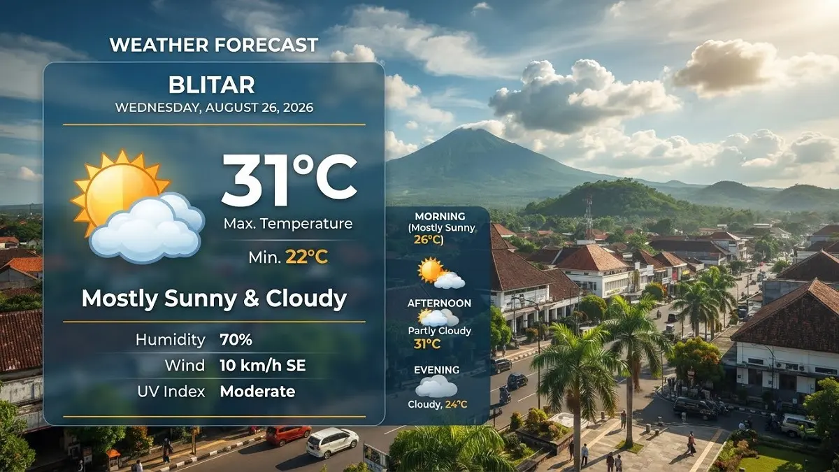 Prakiraan cuaca Blitar, 26 Agustus 2026, didominasi cerah berawan. Suhu diprediksi mencapai 31 derajat Celsius di sejumlah wilayah.(Ilustrasi AI)