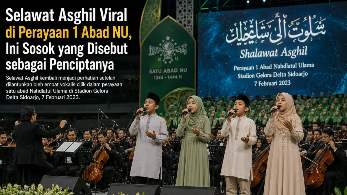 Empat vokalis cilik membawakan Selawat Asghil dengan penuh penghayatan dalam perayaan satu abad Nahdlatul Ulama di Stadion Gelora Delta Sidoarjo, 7 Februari 2023. Penampilan tersebut diiringi paduan suara dan orkestra.