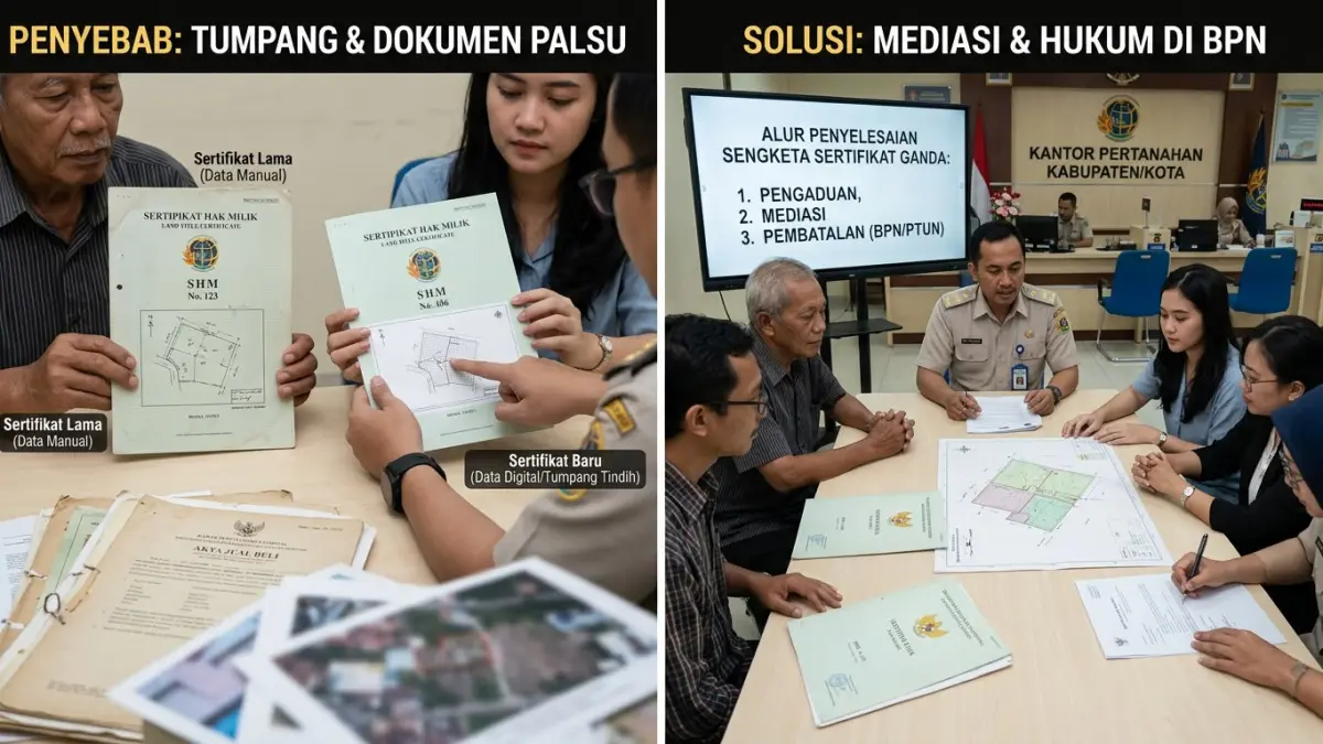 Iluatrasi alur penyelesaian sertifikat tanah ganda.
