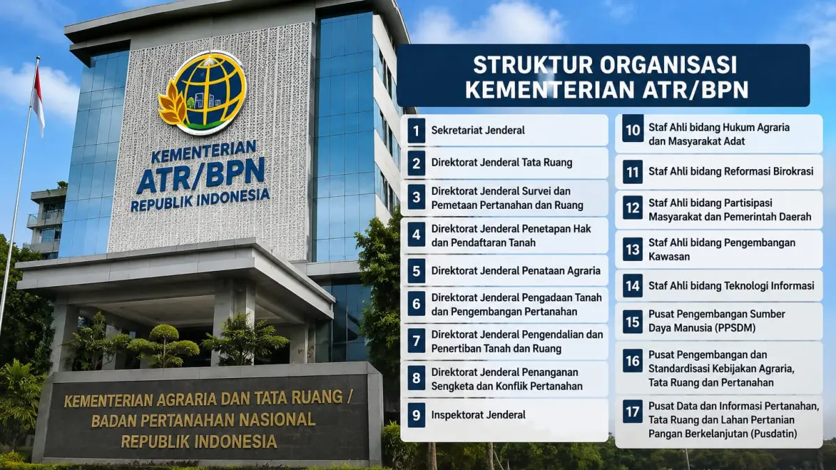 Ilustrasi gedung Kementerian ATR/BPN yang menggambarkan struktur organisasi dan pembagian unit kerja dalam menjalankan urusan agraria, pertanahan, dan tata ruang.
