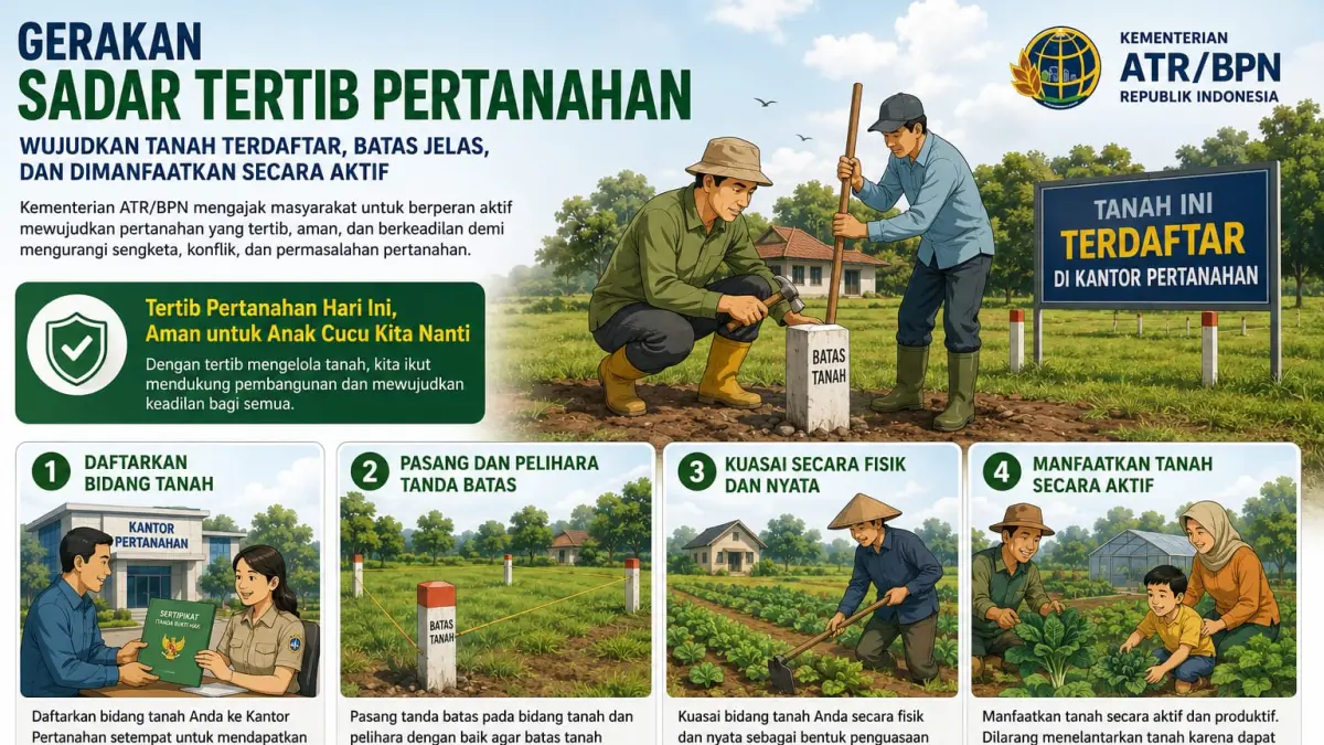 Ilustrasi gerakan sadar tertib pertanahan yang mengajak masyarakat mendaftarkan tanah, memasang dan memelihara tanda batas, menguasai tanah secara fisik, serta memanfaatkannya secara aktif untuk mencegah sengketa.