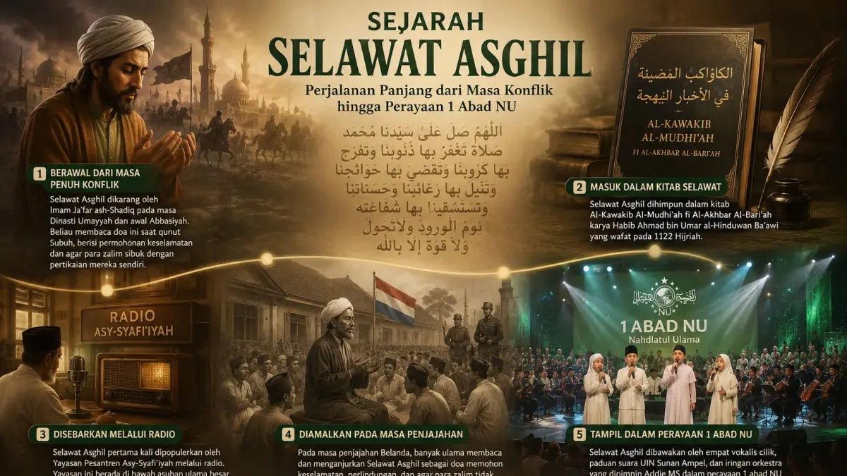 Ilustrasi perjalanan panjang Selawat Asghil dari masa Imam Ja’far ash-Shadiq hingga perayaan 1 Abad NU.