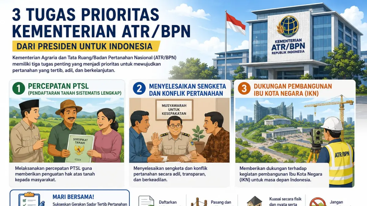 Ilustrasi tiga tugas prioritas Kementerian ATR/BPN, yakni percepatan PTSL, penyelesaian sengketa dan konflik pertanahan, serta dukungan pembangunan Ibu Kota Negara (IKN) demi mewujudkan pertanahan yang tertib dan berkelanjutan.