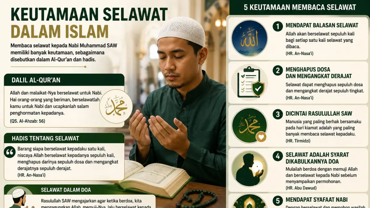 Ilustrasi umat Muslim membaca selawat menggambarkan berbagai keutamaan yang disebut dalam Al-Qur’an dan hadis, di antaranya mendapat balasan selawat, penghapusan dosa, peningkatan derajat, serta harapan memperoleh syafaat Nabi.