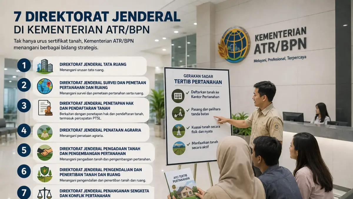 Kementerian ATR/BPN memiliki tujuh direktorat jenderal yang menangani berbagai urusan, mulai dari tata ruang, survei dan pemetaan, penetapan hak dan pendaftaran tanah, hingga penanganan sengketa dan konflik pertanahan.