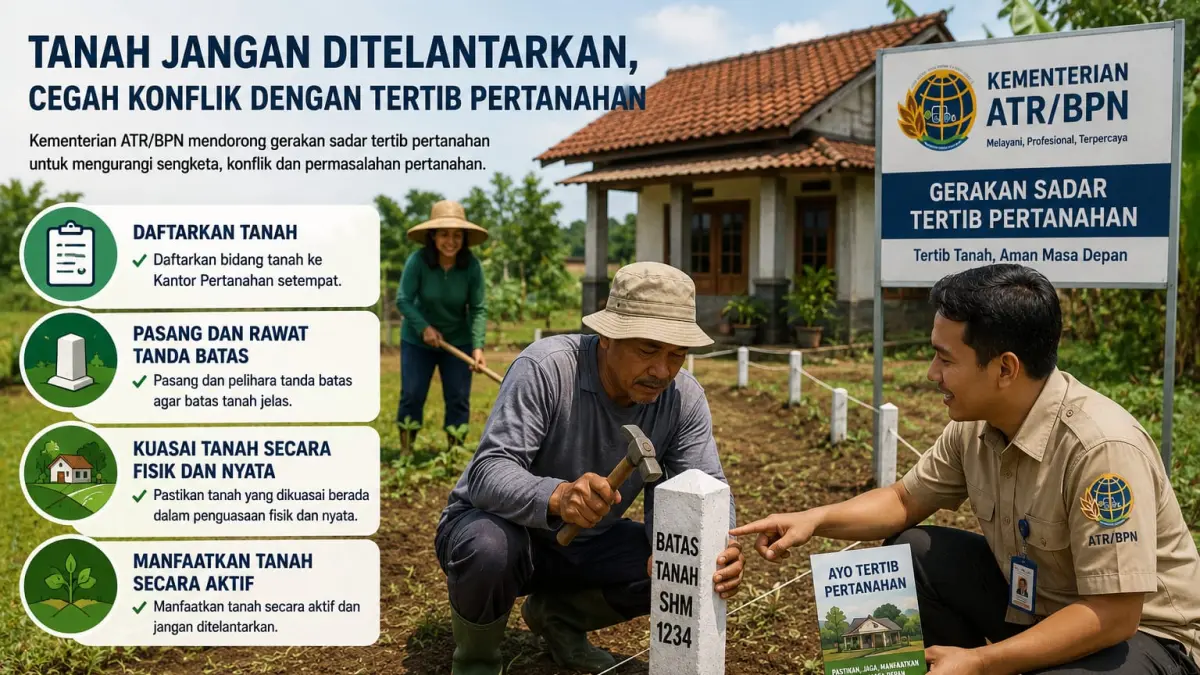 Masyarakat didorong menerapkan tertib pertanahan dengan mendaftarkan tanah, memasang dan memelihara tanda batas, menguasai tanah secara fisik, serta memanfaatkannya secara aktif untuk mengurangi potensi sengketa dan konflik pertanahan.