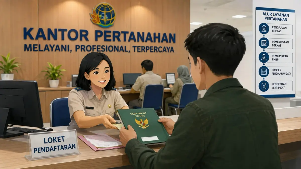 Pengurusan balik nama sertifikat tanah secara mandiri di Kantor Pertanahan. (Ilustrasi AI)