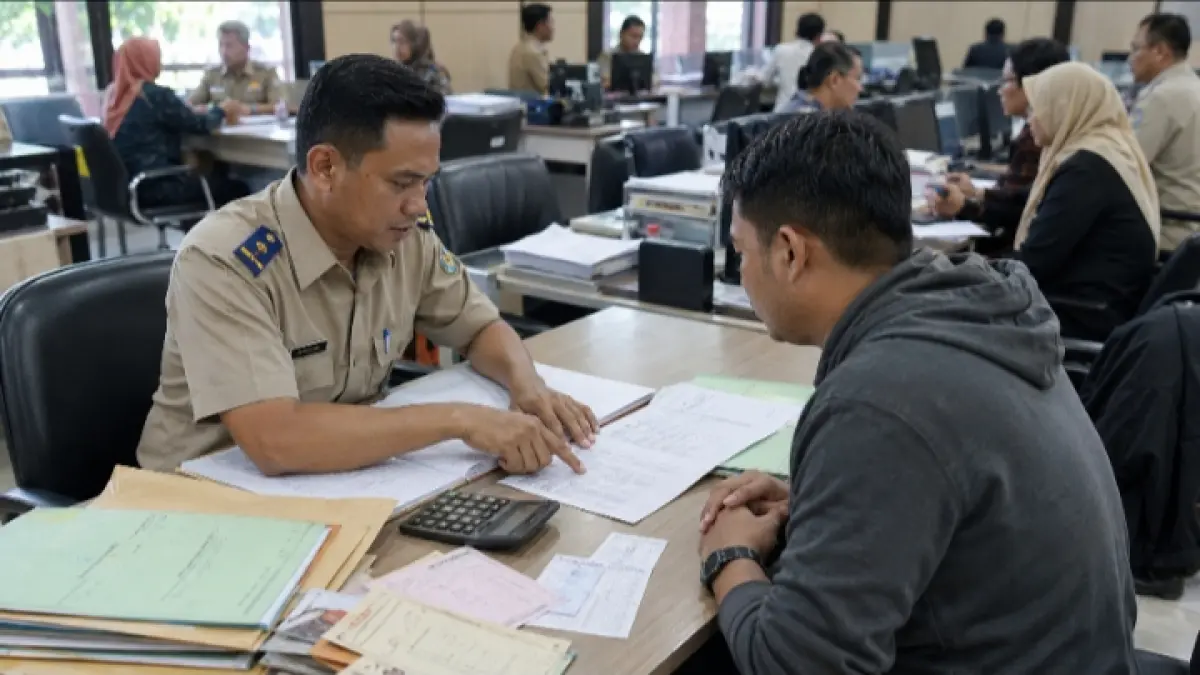 Petugas pertanahan menjelaskan rincian biaya pengurusan sertifikat tanah warisan kepada pemohon di meja pelayanan.