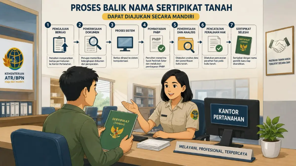 Proses balik nama sertifikat tanah secara mandiri di Kantor Pertanahan. (Ilustrasi AI)