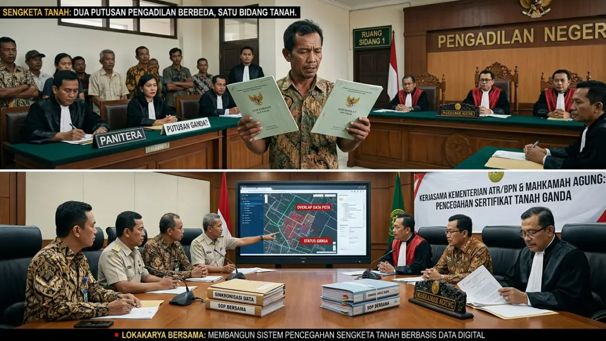 Sertifikat tanah ganda juga bisa muncul akibat putusan pengadilan yang bertentangan. ATR BPN dan MA disebut bekerja sama mencegahnya.