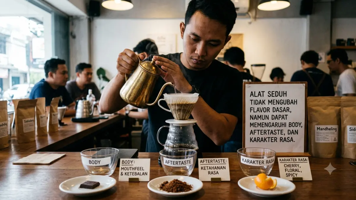 Alat seduh kopi disebut tidak mengubah flavor dasar, tetapi dapat memengaruhi body, aftertaste, dan karakter rasa dalam cangkir.