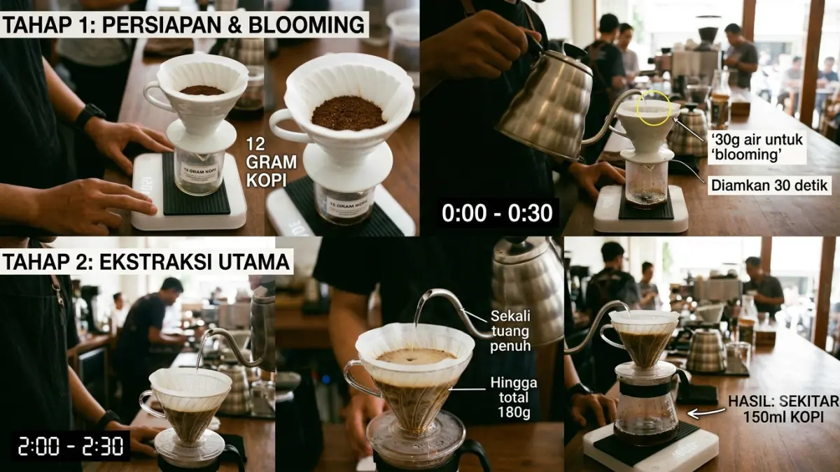 Cara membuat V60 sederhana ditunjukkan dengan 12 gram kopi, sekali blooming 30 gram, lalu tuang air hingga 180 gram.